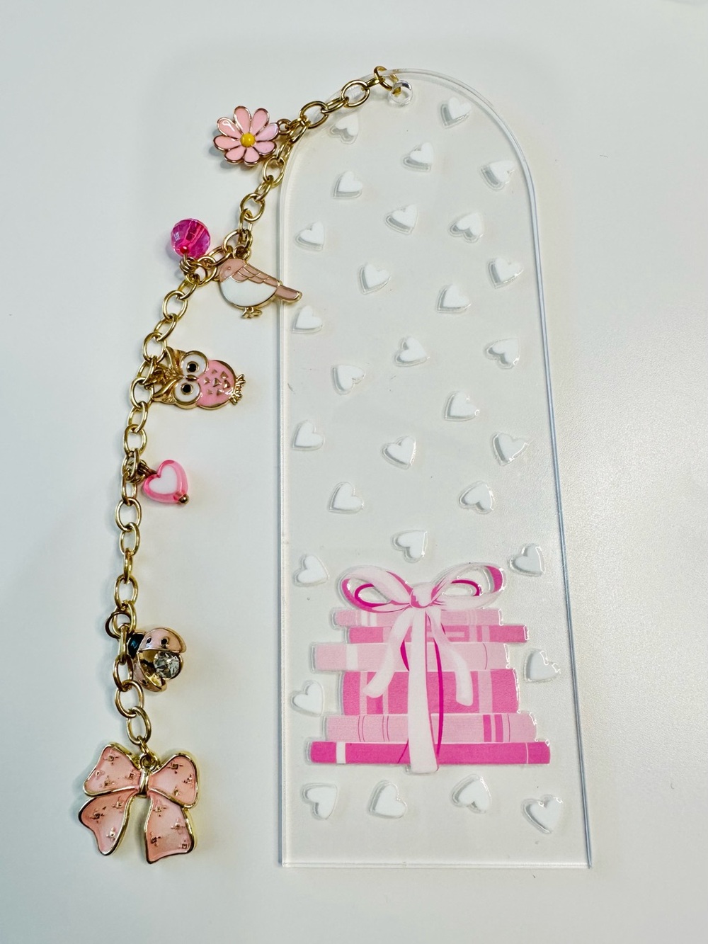 Pink Charm Bookmark with Gold Chain and Cute Charms